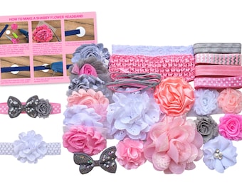 May include: A DIY headband kit featuring various fabric flowers, elastic bands, and a printed instruction card titled HOW TO MAKE A SHABBY FLOWER HEADBAND. The set includes pink, white, and gray floral embellishments and patterned elastic strips.