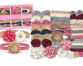May include: A DIY kit for making shabby flower headbands, including various fabric flowers in shades of pink, red, white, and gold, elastic headbands, and a printed instruction sheet titled HOW TO MAKE A SHABBY FLOWER HEADBAND with step-by-step photos.