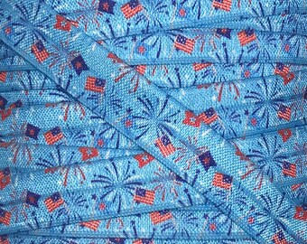 Fold Over elastic, Printed Elastic for Headbands and Hairties, 5/8" Flags and Fireworks FOE By the yard, 5 yards or 10 yards