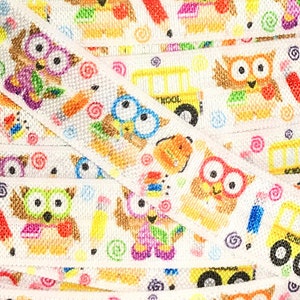 Fold Over Elastic by the single yard, Printed Elastic for Headbands and Hairties, 5/8&quot; School Owls FOE By the yard, 5 yards or 10 yards