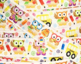 Fold Over Elastic by the single yard, Printed Elastic for Headbands and Hairties, 5/8" School Owls FOE By the yard, 5 yards or 10 yards