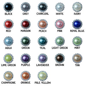 May include: Assortment of 20 pearl embellishments in various colours, including black, grey, charcoal, white, ivory, red, maroon, peach, pink, royal blue, aqua, green, teal, light green, mint, lime green, purple, lavender, brown, tan, champagne, orange, and pale yellow.