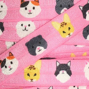 Printed Foldover Elastic Wholesale, Animal Print Elastic for Hairties, 5/8&quot; Kittie Fold Over Elastic by the single yard, 5 or 10 yards