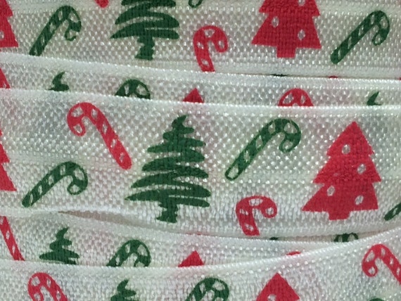 Printed Fold Over Elastic, Printed Elastic for Headbands, 5/8" Christmas Trees & Candy Canes Fold Over elastic by 1 yard, 5 or 10 yards