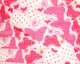 Printed Fold Over Elastic Wholesale, Printed Elastic for Headbands and Hair Ties, 5/8" Pink Butterflies elastic by 1 yard, 5 or 10 yards