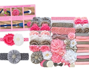 May include: A DIY headband making kit featuring various fabric flowers, elastic bands, and lace strips in shades of pink, white, gray, and metallic gold. Includes a printed instruction card titled HOW TO MAKE A SHABBY FLOWER HEADBAND with six steps.