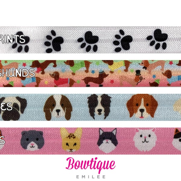 Cats & Dogs Fold Over Elastic, Elastic for Baby Headbands, Hair Ties, 5/8" Pets Foldover Elastic sold By the Yard, 5 or 10 yards - 5 Styles