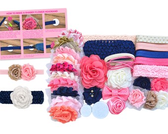 May include: A DIY headband kit featuring various fabric flowers, elastic bands, and felt circles. Includes a pink instructional card titled HOW TO MAKE A SHABBY FLOWER HEADBAND with six step-by-step photos showing assembly with glue.