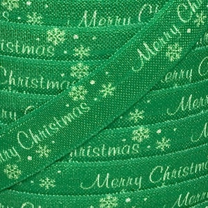 5/8&quot; Elastic, Printed Elastic for Headbands and Hairties, 5/8&quot; Green with Merry Christmas Foldover Elastic by the single yard, 5 or 10 yards