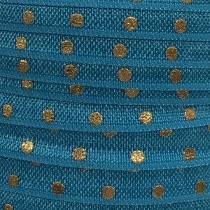 Printed Elastic Wholesale, Foil Polka Dot Elastic for Headbands, 5/8&quot; Blue & Gold Foil Polka Dot FOE by the single yard, 5 yards or 10 yards