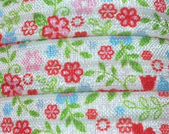 Elástico plegable floral blanco, elástico estampado para diademas de bebé, lazos para el cabello FOE, floral blanco de 5/8 "se vende cortado a medida, 5 o 10 yardas