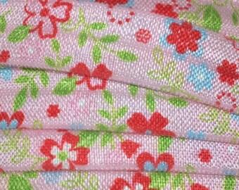 Pink Floral Fold Over Elastic, Printed Elastic for Baby Headbands FOE Hair Ties, 5/8" Pink Floral Elastic by the single yard, 5 or 10 yards