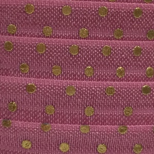 5/8" Fold Over Elastic, Gold Foil Elastic for Baby Headbands, 5/8" Mauve with Gold Foil Polka Dot FOE By the yard, 5 yards or 10 yards