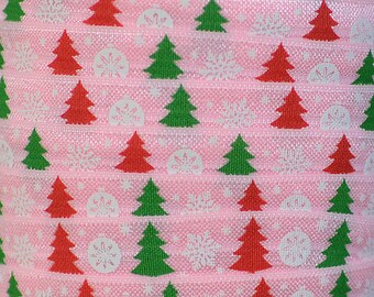 Printed Fold Over Elastic, Printed Elastic for Headbands and Hairties, 5/8" Pink with Christmas Trees elastic sold by the yard, 5 or 10 yard