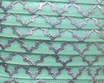 5/8" Fold Over Elastic, Silver Foil Elastic for Baby Headbands, 5/8" Mint w/ Silver Foil Quatrefoil FOE By the yard, 5 yards or 10 yards