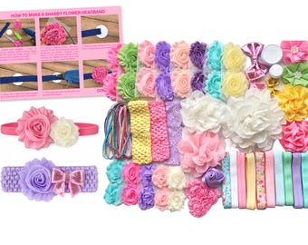 May include: A DIY headband kit featuring various fabric flowers in pink, purple, yellow, white, and blue, along with elastic headbands, ribbons, and a printed instruction card titled HOW TO MAKE A SHABBY FLOWER HEADBAND with step-by-step diagrams.