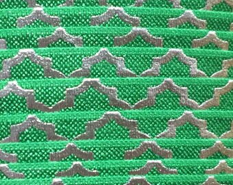 5/8" Headband Elastic, Silver Quatrefoil Fold Over Elastic for Headbands, Emerald w/ Silver Foil Quatrefoil FOE 1, 5 or 10 Yards
