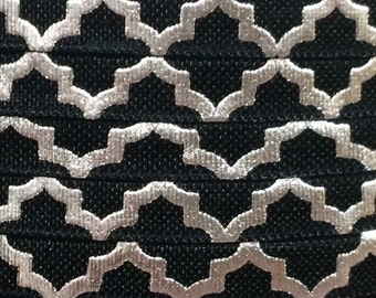 5/8" Foldover Elastic, Silver Quatrefoil FOE for Baby Headbands, 5/8" Black w/ Silver Foil Quatrefoil by the single yard, 5 yards or 10 yard