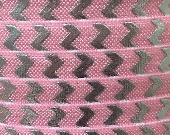 Printed FOE Elastic, Printed Elastic for Headbands and Hair Ties, 5/8" Pink with Silver Foil Chevron FOE By the yard, 5 yards or 10 yards