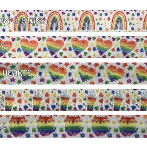 Rainbow Designs Fold Over Elastic, Elastic for Headbands FOE Hair Ties, 5/8&quot; Rainbow Foldover elastic by 1 yard, 5 or 10 yards - 5 Styles