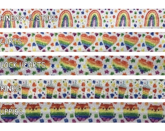 Rainbow Designs Fold Over Elastic, Elastic for Headbands FOE Hair Ties, 5/8" Rainbow Foldover elastic by 1 yard, 5 or 10 yards - 5 Styles