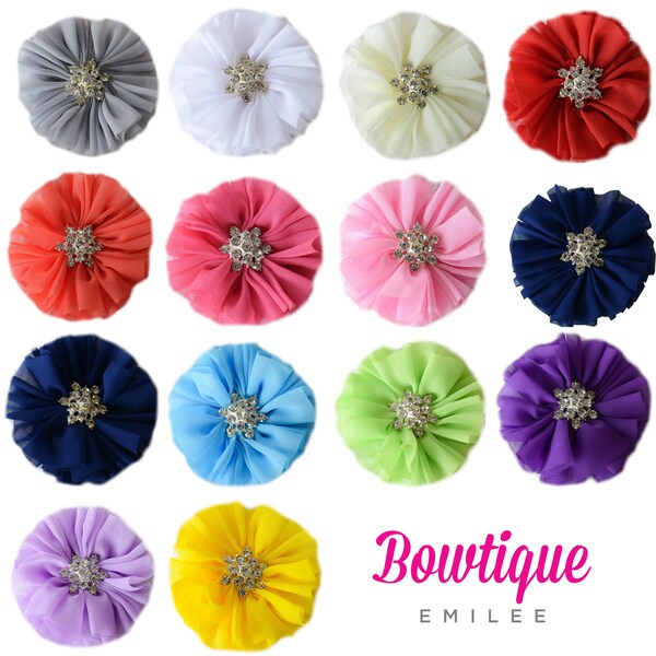 3" Ballerina Rhinestone Hair Flowers, Wholesale Chiffon Flower Head for Flower Head Bands, Lot of 1, 2, 5 or 10 - 14 Colors to Choose From!