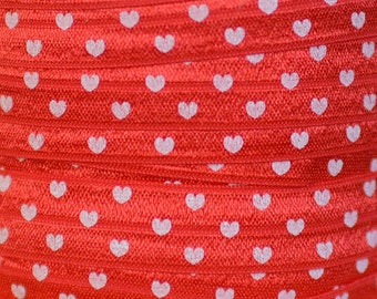 Printed Fold Over Elastic, Valentine Day Elastic for Headbands, 5/8" Red with White Hearts Headband elastic sold by the yard, 5 or 10 yards
