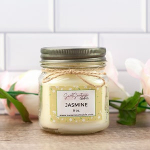 Jasmine Flower Scented Soy Candle, Floral Spring Summer Scent, Home Fragrance Mason Jar Candle, Odor Eliminator Home Decor, Gift for Her
