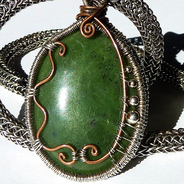 OOAK One of A Kind Jade Sterling Silver and Copper Wire Weave Viking Knit Pendant Necklace