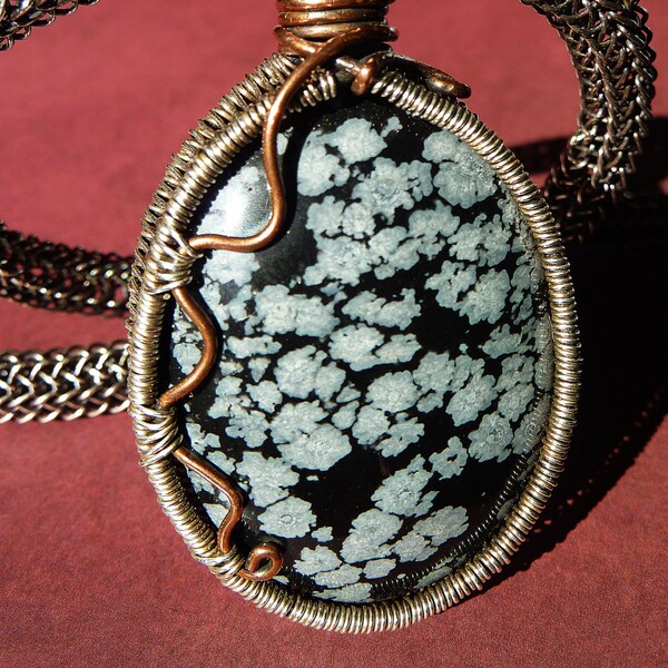 OOAK One of A Kind Snowflake Obsidian Sterling Silver and Copper Wire Weave Viking Knit Pendant Necklace