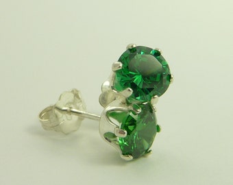 Emerald Round Cubic Zirconia Sterling Silver Stud Earrings May Birthstone