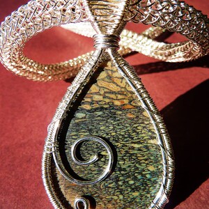 May include: A silver wire wrapped pendant featuring a fossilized stone with a swirling pattern. The stone is a deep green and brown with a light brown border. The pendant is suspended from a silver chain.