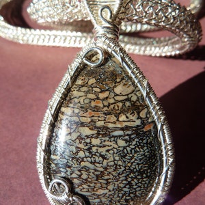 May include: A silver wire wrapped pendant featuring a teardrop-shaped stone with a brown and black fossilized pattern.