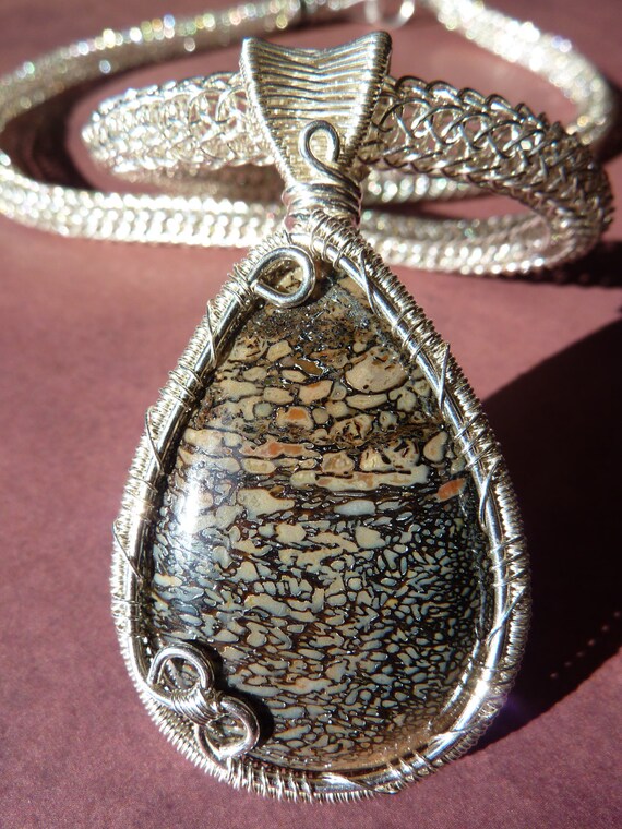 OOAK One of A Kind Bone Fossil Cabochon .925 Sterling Silver Wire Weave Viking Knit Pendant Necklace