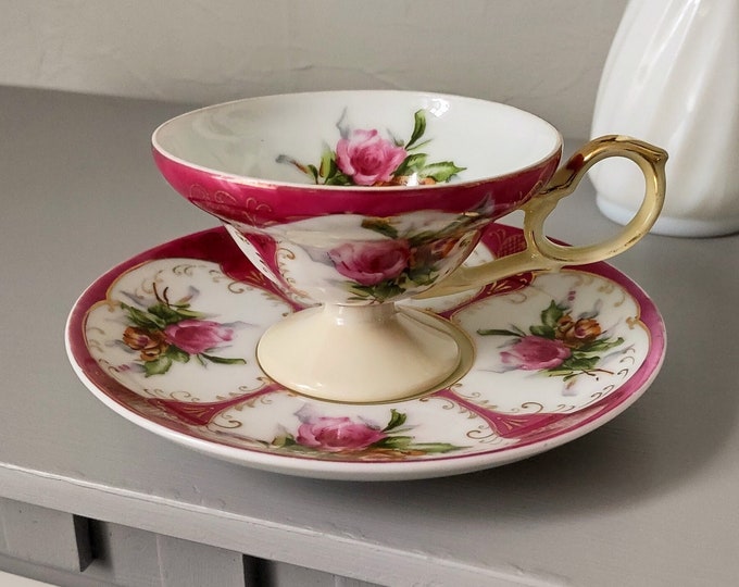 Vintage Pink Roses Teacup by Lefton China, Pink and White Tea Cup and Matching Saucer by Lefton, Fancy Footed Gift Tea Cup With Gold Details