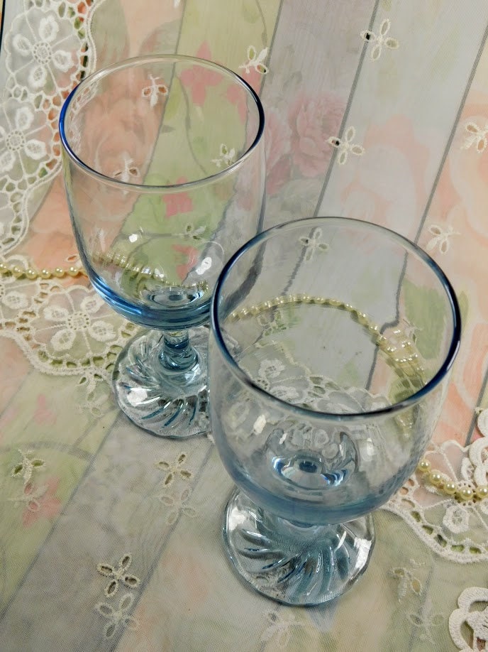 Blue Wine Glasses Set of Two, Vintage Clear Blue Glass Stemware