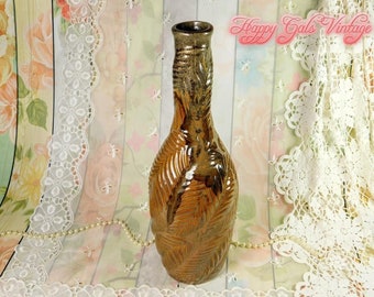 Ceramic Bottle Vase with Leaves Design, Large Ceramic Vase With Embossed Autumn Leaves, Brown and Gold Glazed Ceramic Vase, Natural Decor