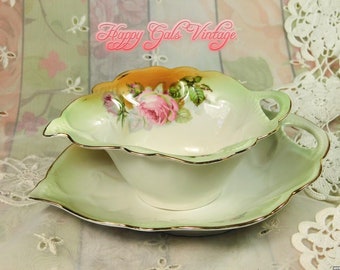 Antique Bowl and Dish With Pink Roses From Bavaria, Antique China Small Bowl and Matching Dish in Light Green and White, Collectible Gift