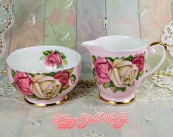 Pink Creamer & Sugar Bowl Set With Pink and White Roses by Queen Anne Fine Bone China of England, Vintage Pink Porcelain Cream and Sugar Set