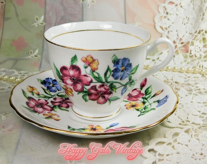 Vintage Colclough Teacup & Matching Saucer With Colorful Flowers Design, Vintage Bone China Tea Cup and Saucer With Colorful Garden Flowers