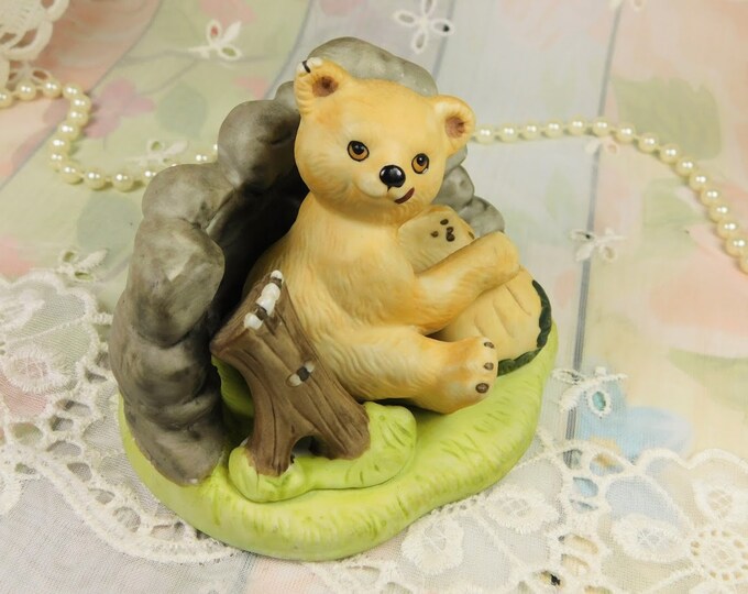 Honey Bear Figurine, Woodland Surprises Bear by Jaqueline Smith of Franklin Porcelain Vintage Blond Bear Eating Honey from the Hive Bear