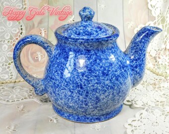 Blue Speckled Ceramic Teapot, Vintage Ceramic Teapot with Cobalt Blue and White Speckled Finish, Cute Blue Teapot, Great Gift for Tea Lover