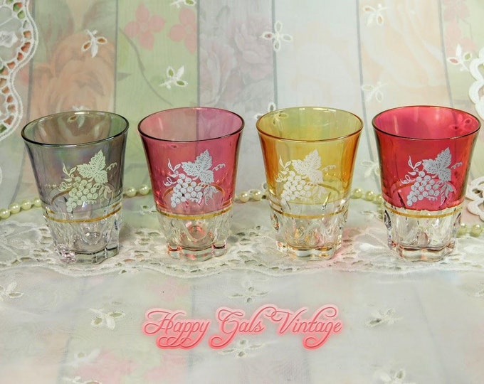 Shot Glasses Set of Four in Brightly Colored Glass With Grapes Design, Vintage Pink, Yellow and Blue Shot Glasses Set, Cute Shot Glasses Set