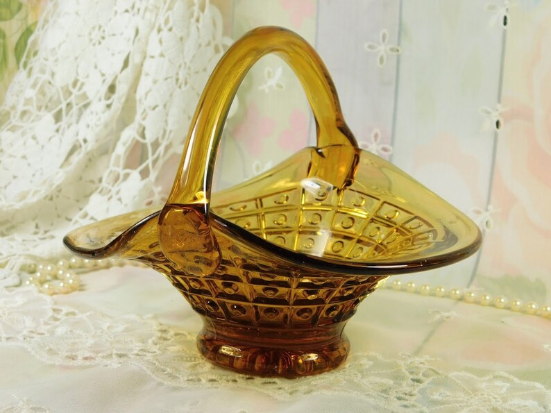 Vintage Glass Basket Amber Yellow Glass Basket Blown Glass Etsy