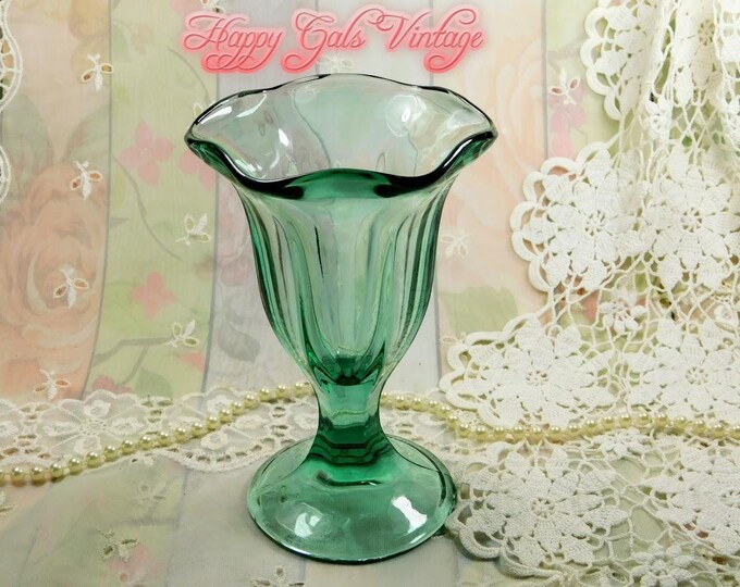 Green Glass Dessert Cup, Vintage Clear Glass Ice Cream Cup in Teal Green, Vintage Thick Glass Dessert Cup with Foot and Flower Shape Gift