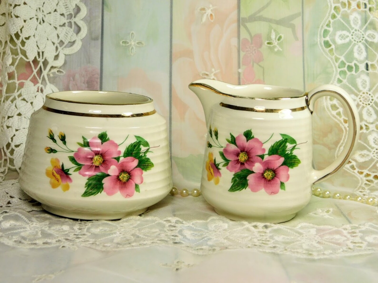 Sadler Creamer and Sugar Bowl Set With Pink Wild Roses Etsy