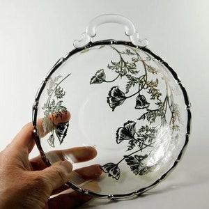 Glass Bowl With Silver Rim and Silver Flowers Design, Vintage Clear Glass Bowl with Handle and Silver Accents, Fancy Glass & Silver Bowl