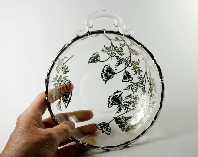 Glass Bowl With Silver Rim and Silver Flowers Design, Vintage Clear Glass Bowl with Handle and Silver Accents, Fancy Glass & Silver Bowl