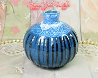 Little Blue Ceramic Vase, Small Round Ceramic Blue Vase, Vintage Handmade Ceramic Vase, Little Blue Glazed Ceramic Vase Best Hostess Gift