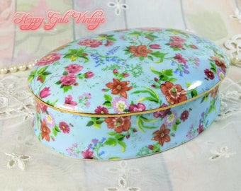 Ceramic Trinket Box With Blue & Pink Chintz Flower Design, Pretty Vintage Porcelain Trinket Box With Lid, Pretty Little Ceramic Jewelry Box